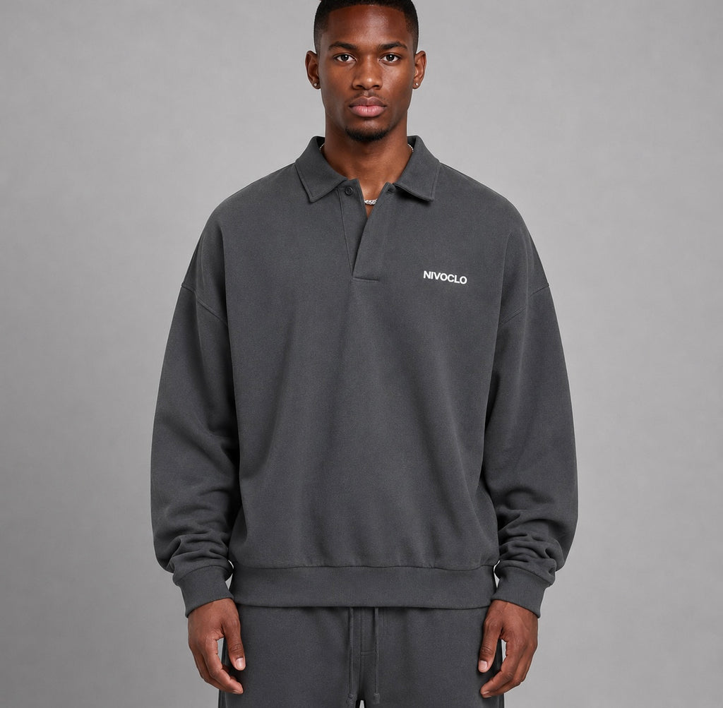 Heavyweight Fleece Polo Sweatshirt / DARK GREY