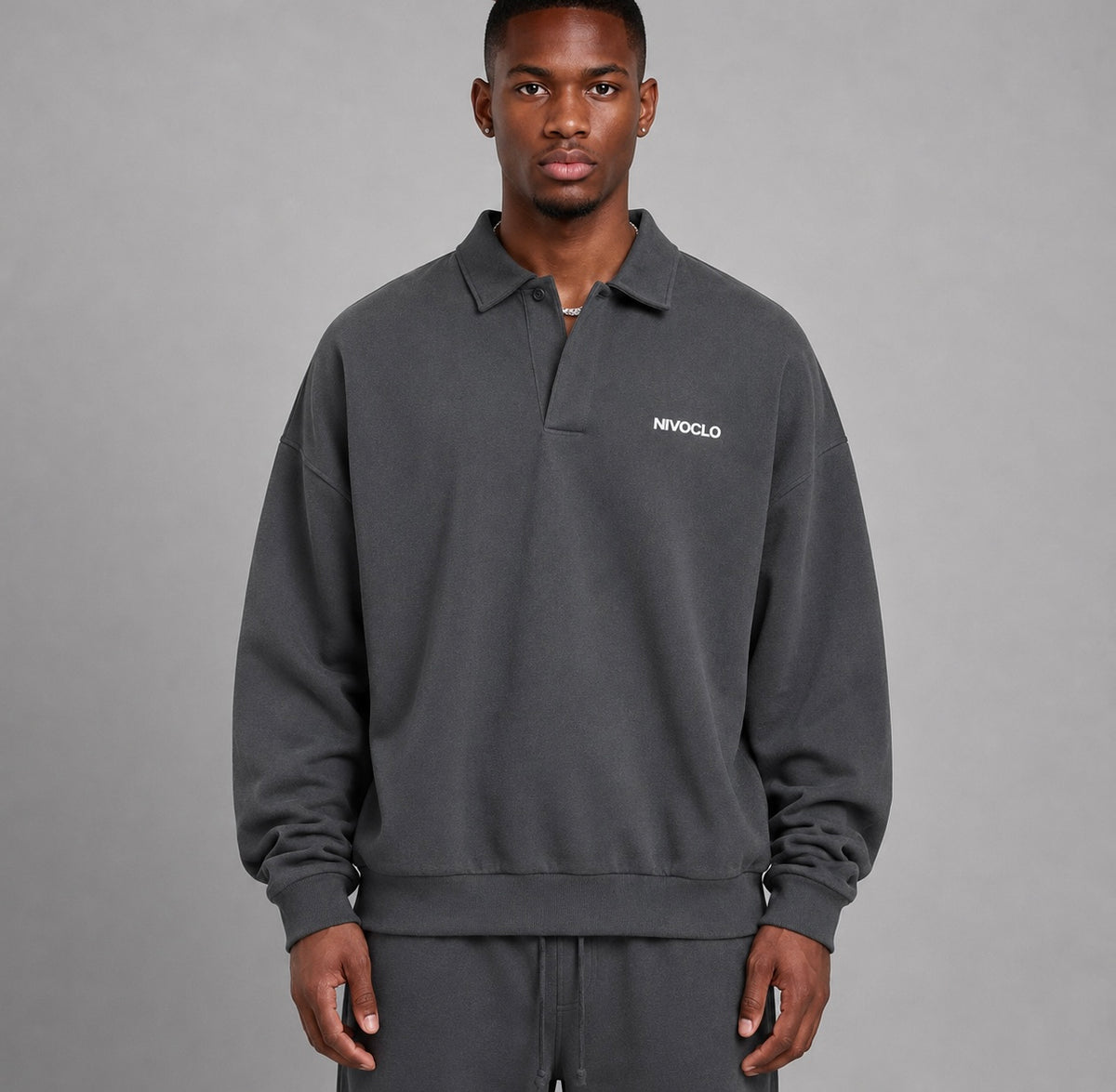Heavyweight Fleece Polo Sweatshirt / DARK GREY