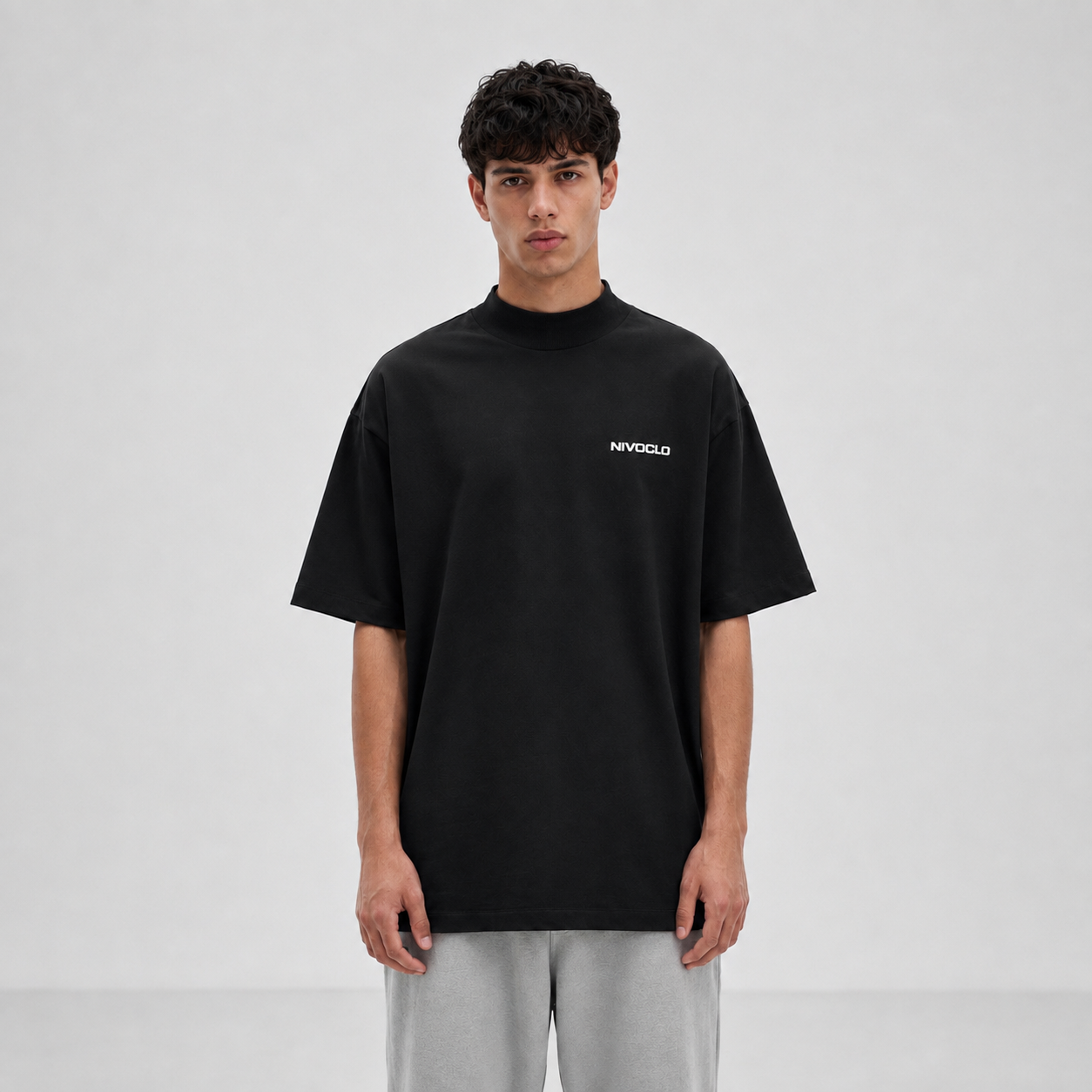 Mock-Neck Cotton T-Shirt / BLACK