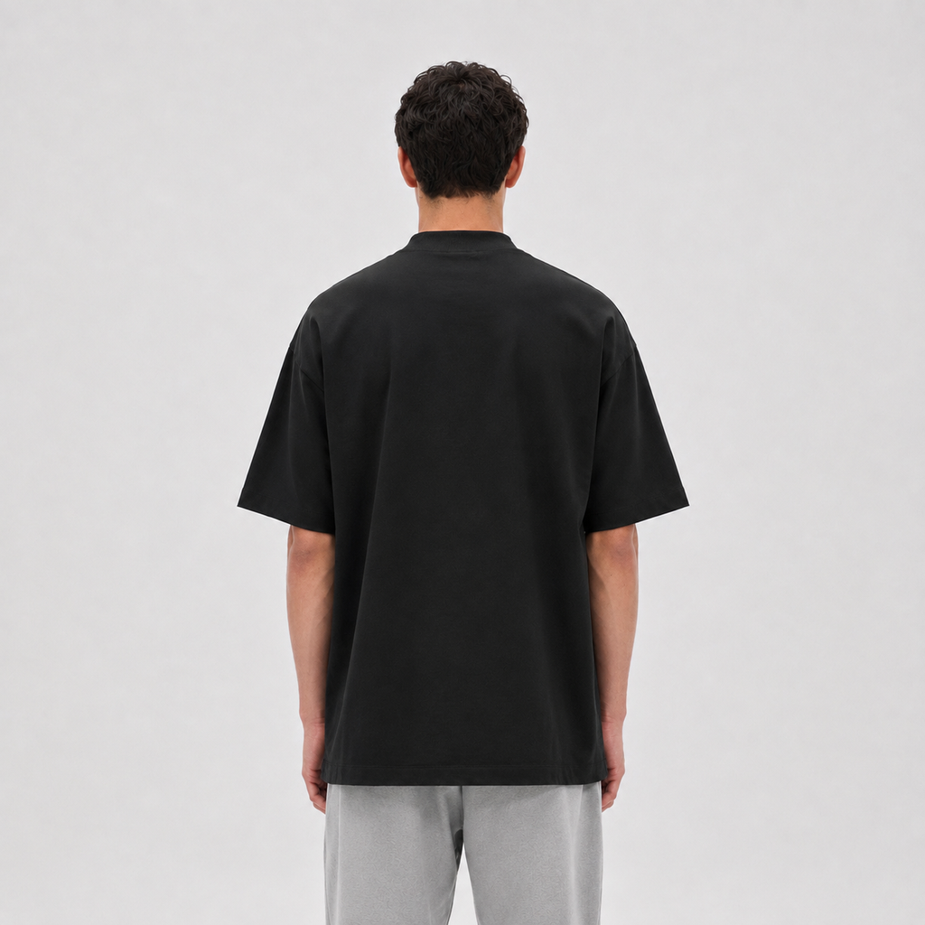Mock-Neck Cotton T-Shirt / BLACK