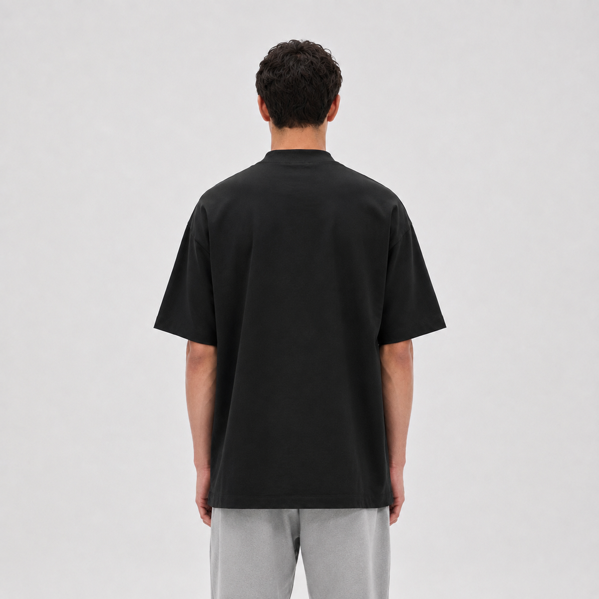 Mock-Neck Cotton T-Shirt / BLACK