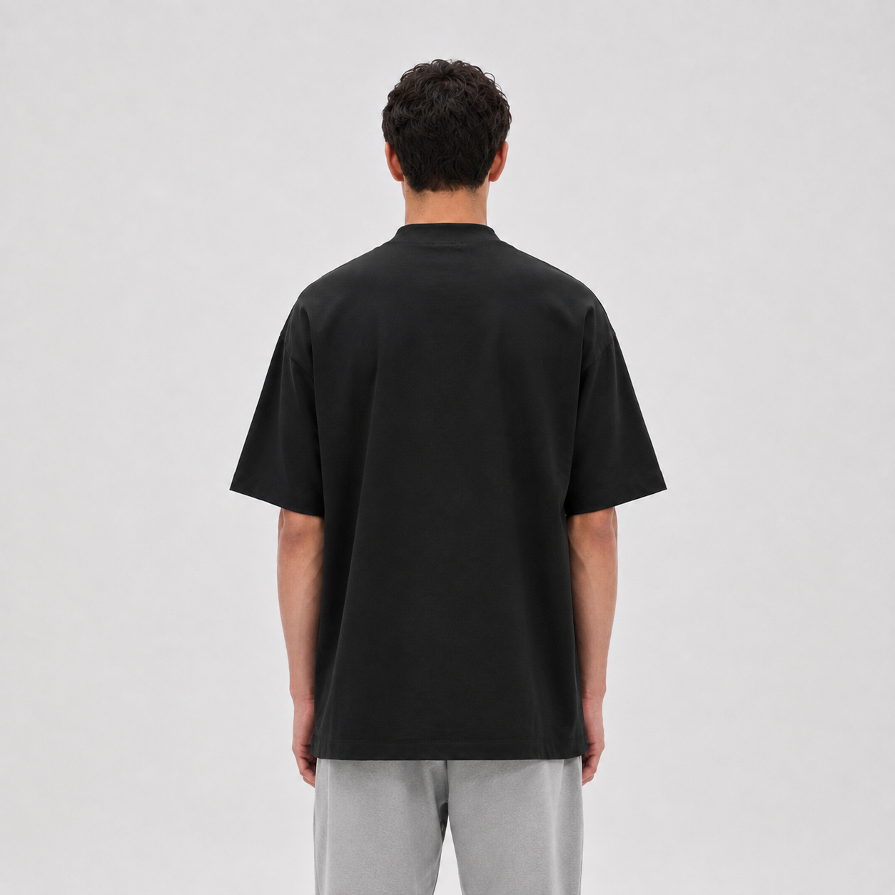 Mock-Neck Cotton T-Shirt / BLACK
