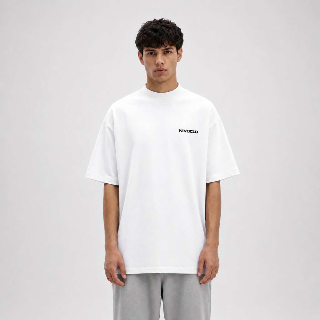 Mock-Neck Cotton T-Shirt / WHITE