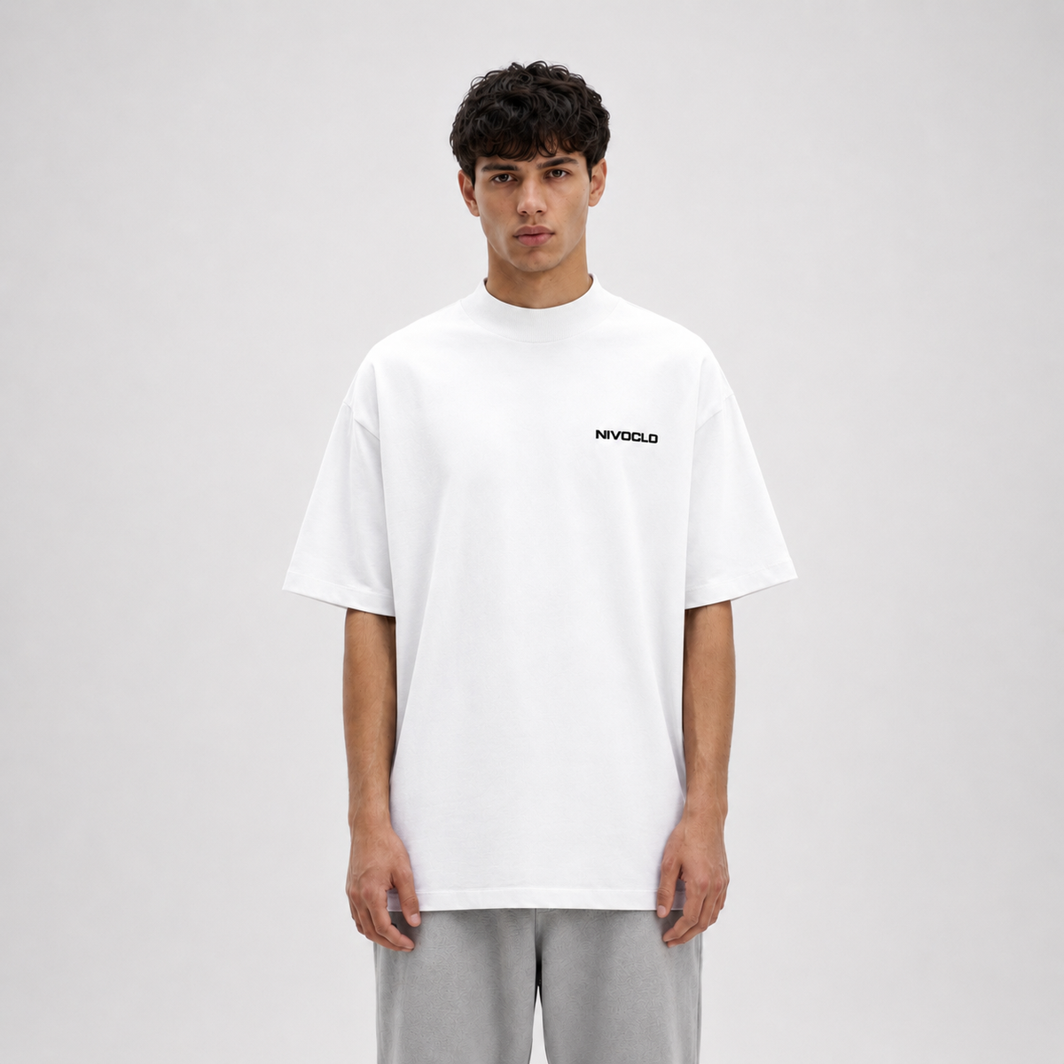 Mock-Neck Cotton T-Shirt / WHITE