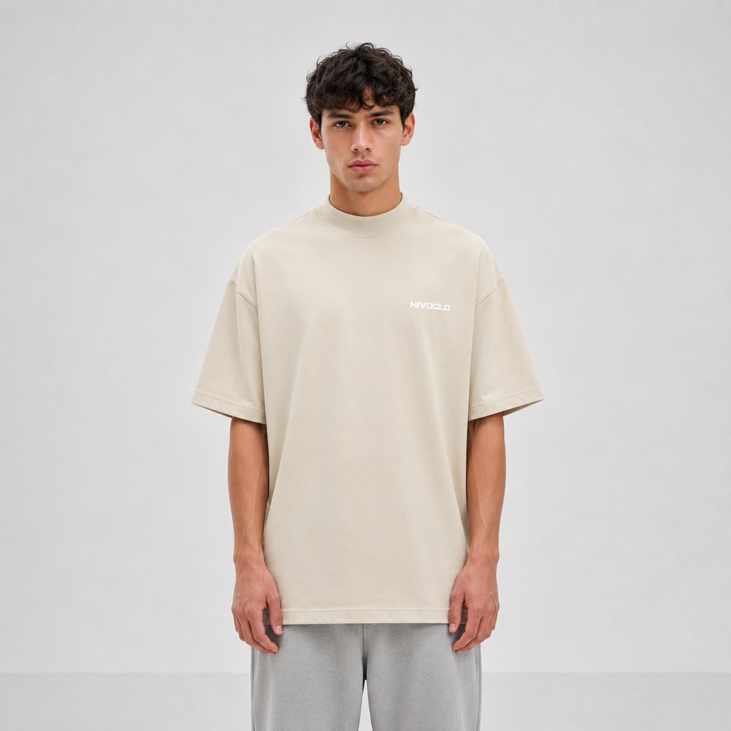 Mock-Neck Cotton T-Shirt / BEIGE