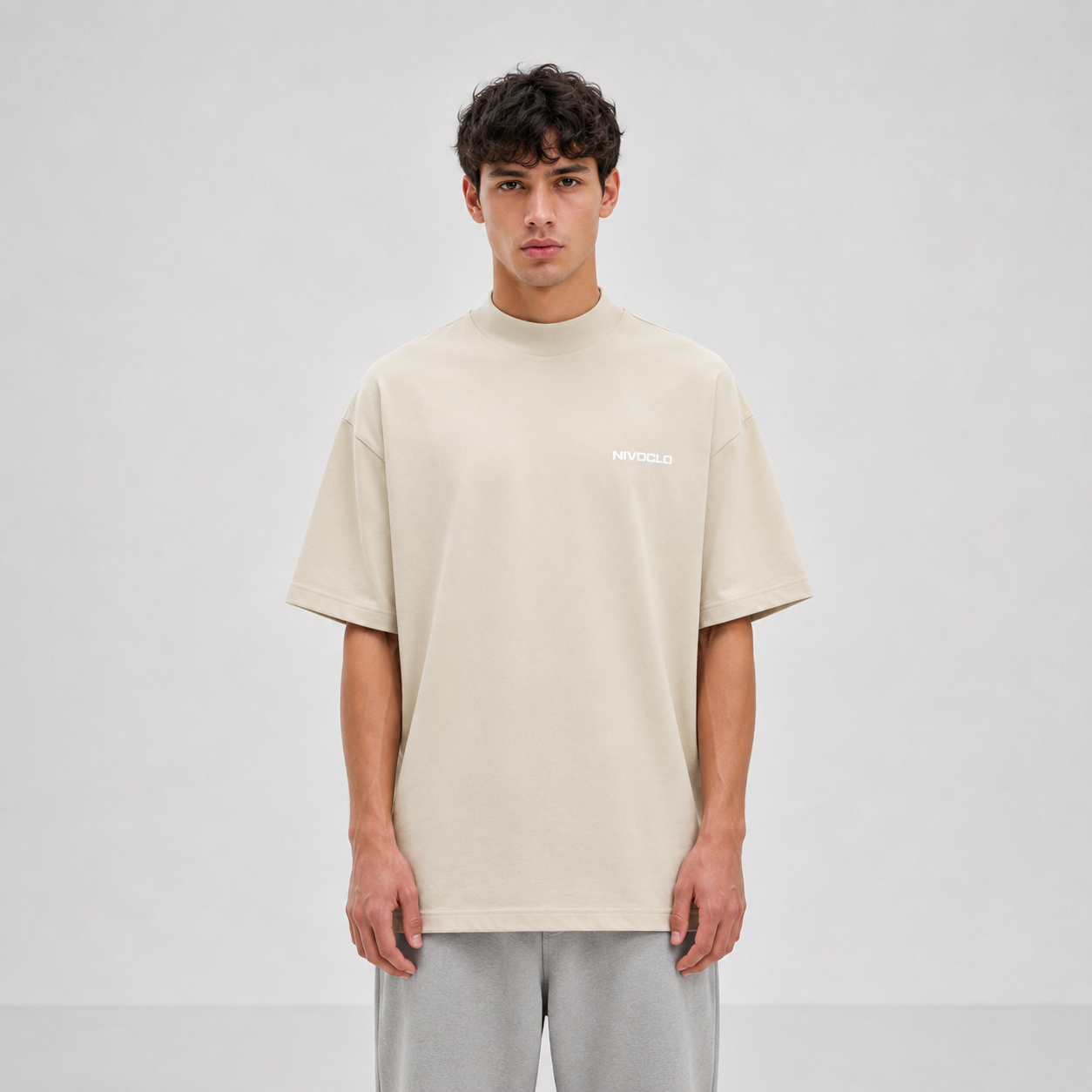 Mock-Neck Cotton T-Shirt / BEIGE