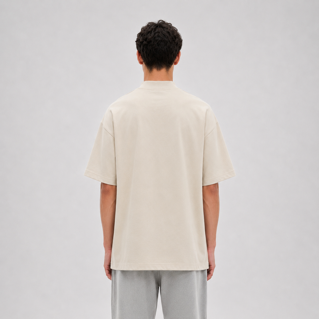 Mock-Neck Cotton T-Shirt / BEIGE