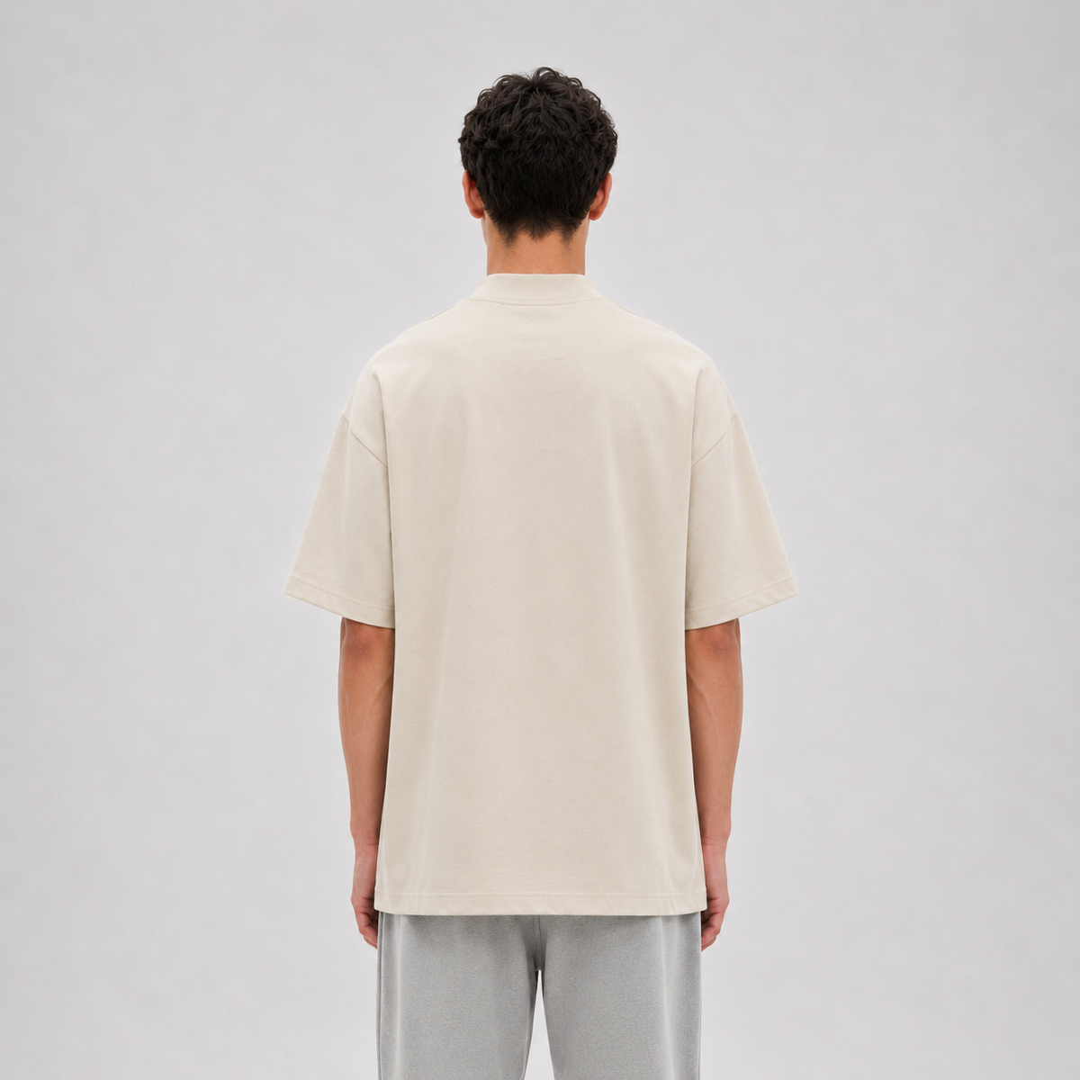 Mock-Neck Cotton T-Shirt / BEIGE