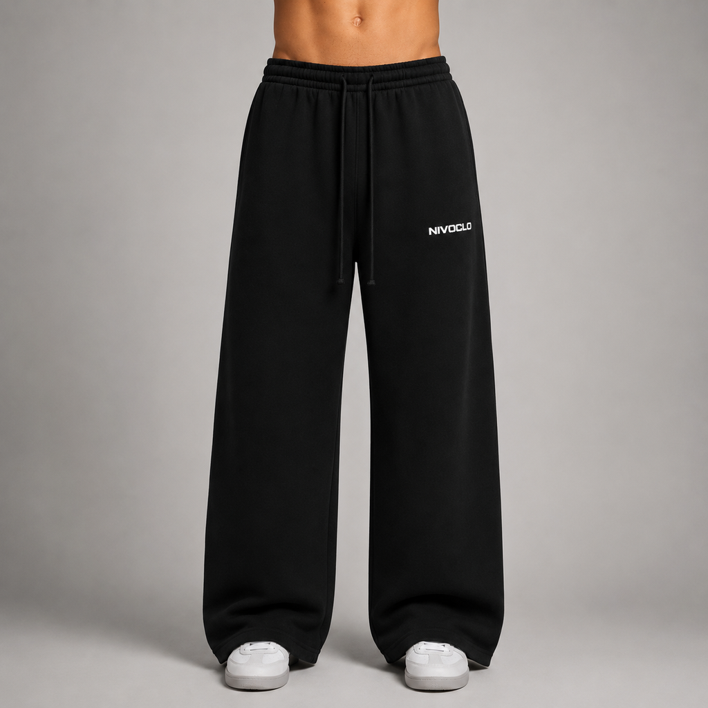 Fleece Drawstring Straight-Leg Sweatpants / BLACK